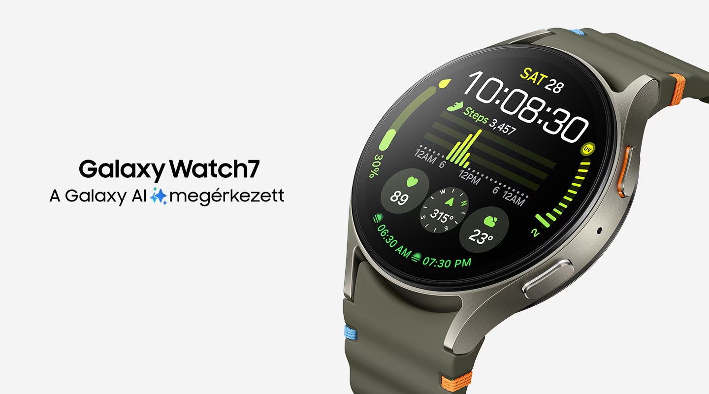 Az edz&eacute;si mutat&oacute;kat, bele&eacute;rtve a l&eacute;p&eacute;ssz&aacute;mot is megjelen&iacute;tő &oacute;ralappal ell&aacute;tott Galaxy Watch7 bal oldalon fent l&aacute;that&oacute;.