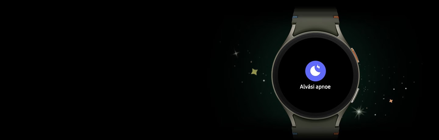 A Galaxy Watch 7 az alv&aacute;si apnoe ikonnal, valamint az alv&aacute;si apnoe sz&ouml;veggel l&aacute;that&oacute; a k&eacute;pernyőn.