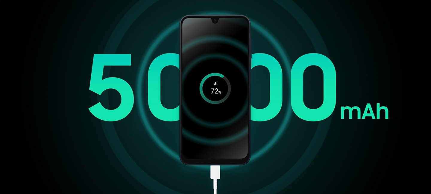 A Galaxy A16 5G k&eacute;sz&uuml;l&eacute;k t&ouml;ltődik a 72%-os t&ouml;lt&ouml;tts&eacute;gi szinten. A k&eacute;sz&uuml;l&eacute;k m&ouml;g&ouml;tt nagy betűkkel az &bdquo;5000 mAh&rdquo; felirat olvashat&oacute;.