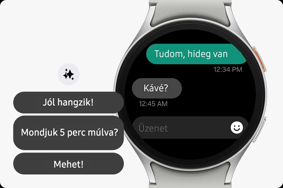 Egy Galaxy Watch7 &uuml;zenetcseveg&eacute;st jelen&iacute;t meg. N&eacute;h&aacute;ny v&aacute;laszjavaslat, a Galaxy AI log&oacute;val jelenik meg az &oacute;ra mellett.
