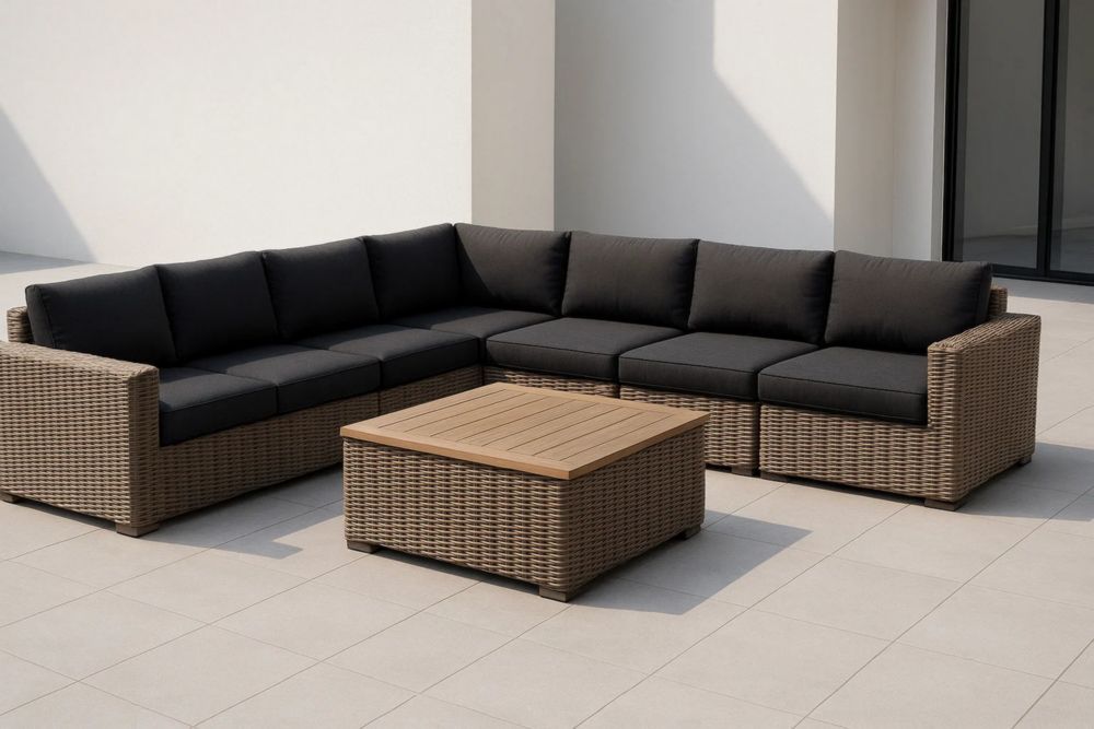 Gartensofa-Set Ecksofa aus Rattan Braun Schwarz mit Beistelltisch-Runecasa