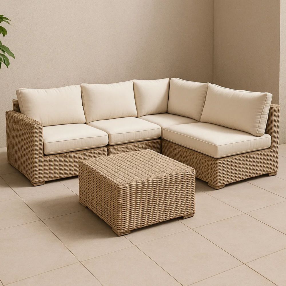 Gartensofa Set aus Polyrattan Beige Eckform mit Kissen-Runecasa