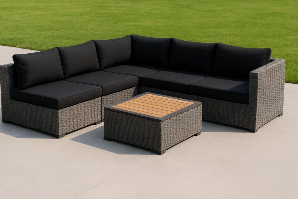Gartenmöbel-Sitzgruppe Rattan-Ecksofa Grau/Schwarz mit Tisch aus Stahl und Akazienholz-Runecasa