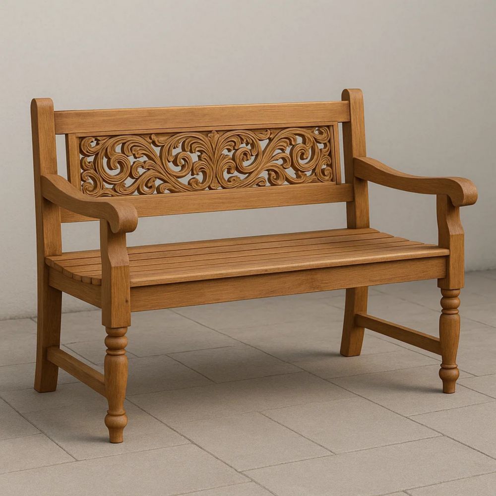 Holzbank Gartenbank geschnitztes Design Braun Teakholz 120x85x60cm-Runecasa