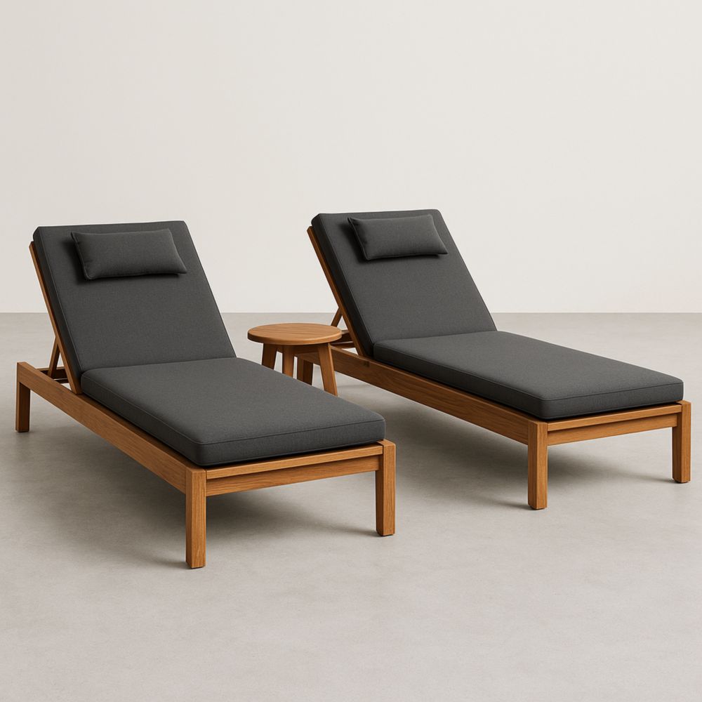 Gartenliegenset 2er Set mit Tisch Akazienholz Dunkelgrau Auflagen Verstellbar-Runecasa