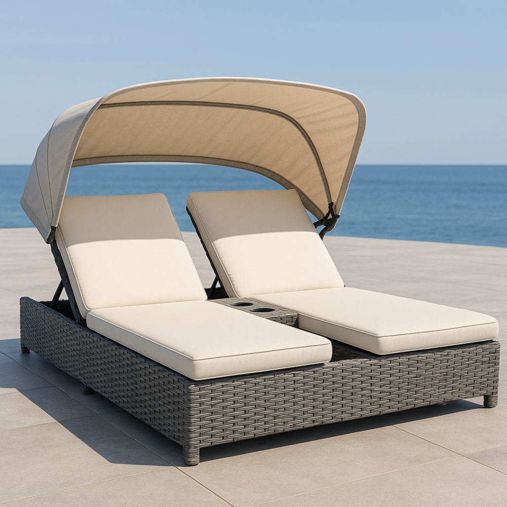 Doppel-Sonnenliege Rattan Beige/Grau Verstellbar mit Sonnendach und Kissen-Runecasa