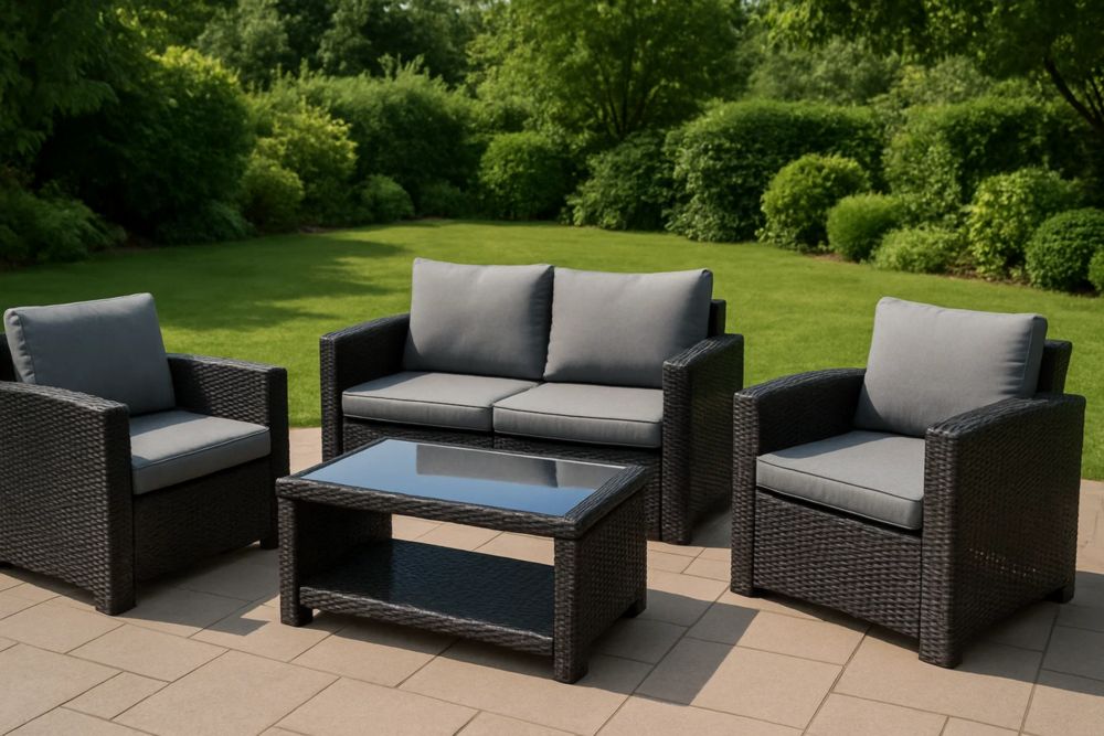 Gartenmöbel Set Polyrattan Sofa Set mit Kissen und Glastisch Anthrazit-Runecasa