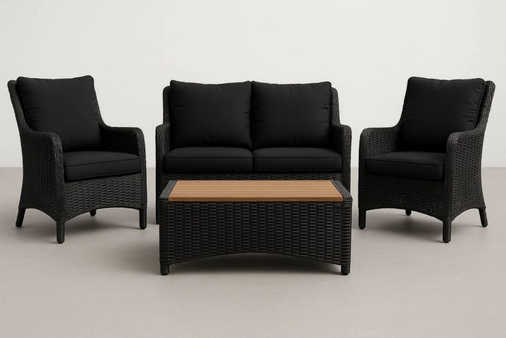 Gartenmöbel-Set Polyrattan schwarz mit Kissen Tischplatte Holzoptik Set 2 Sessel 1 Sofa 1 Tisch-Runecasa