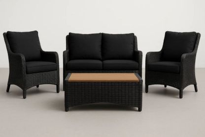 Gartenmöbel-Set Polyrattan schwarz mit Kissen Tischplatte Holzoptik Set 2 Sessel 1 Sofa 1 Tisch-Runecasa