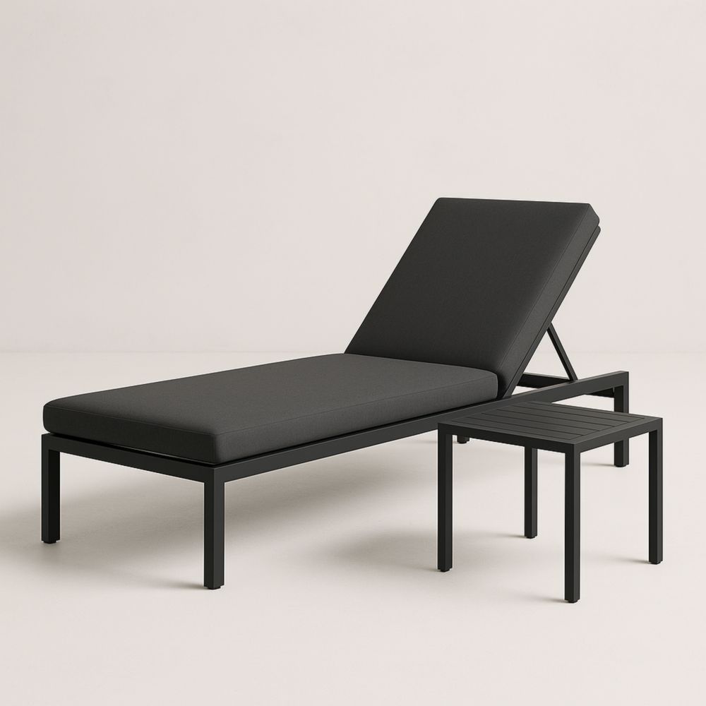 Gartenliege aus Aluminium mit verstellbarer Rückenlehne und Polyesterbezug inklusive Beistelltisch Schwarz-Runecasa