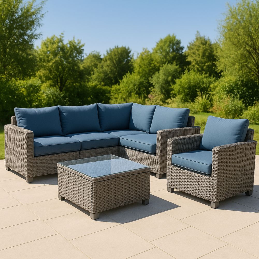 Gartenmöbel Set Polyethylen Blau/Grau, Ecke Sofa, Sessel und Tisch mit Glasplatte-Runecasa