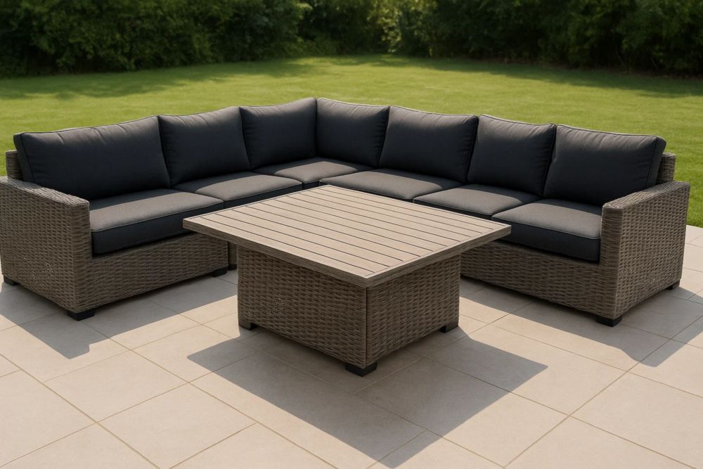 Outdoor Ecksofa Set aus PE Rattan mit Tisch Grau/Anthrazit und Kissen-Runecasa