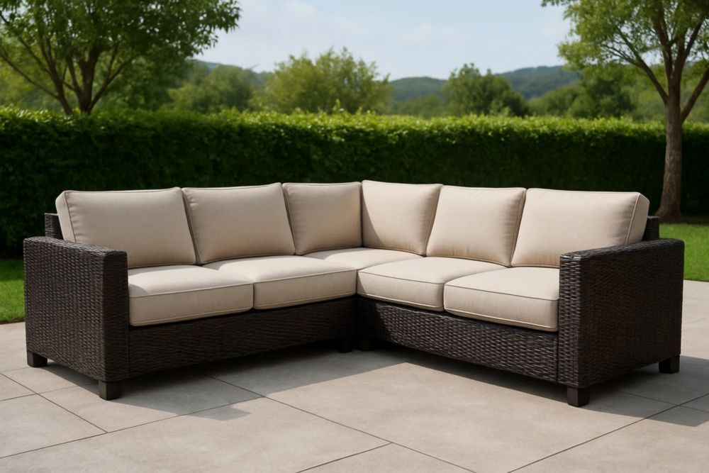 Garten Ecksofa Set Polyrattan Beige Kissen wasserabweisend Gesamtgröße 210x210x70cm-Runecasa
