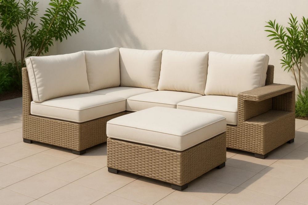 Gartenmöbel-Set Ecksofa mit Hocker Beige Polyrattan 210x140x68 cm Polyesterkissen-Runecasa