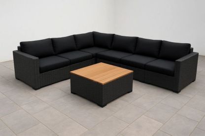 Garten Ecksofa Set Rattan Anthrazit mit Holztisch-Runecasa
