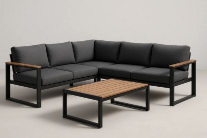 Ecksofa Set mit Tisch Aluminiumrahmen Holzarmlehnen Grau L-förmig-Runecasa