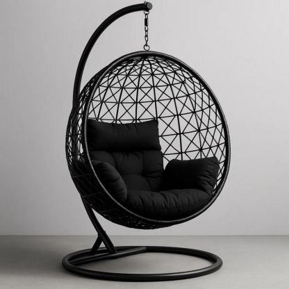 Schwebesessel Polyrattan Rund Schwarz mit Stahlrahmen und Polyesterkissen, Höhe 195 cm-Runecasa