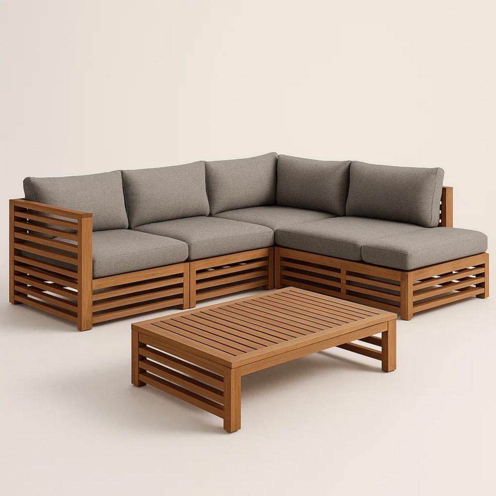 Garten Lounge Set aus Akazienholz mit grauen Kissen, Ecksofa und Tisch-Runecasa