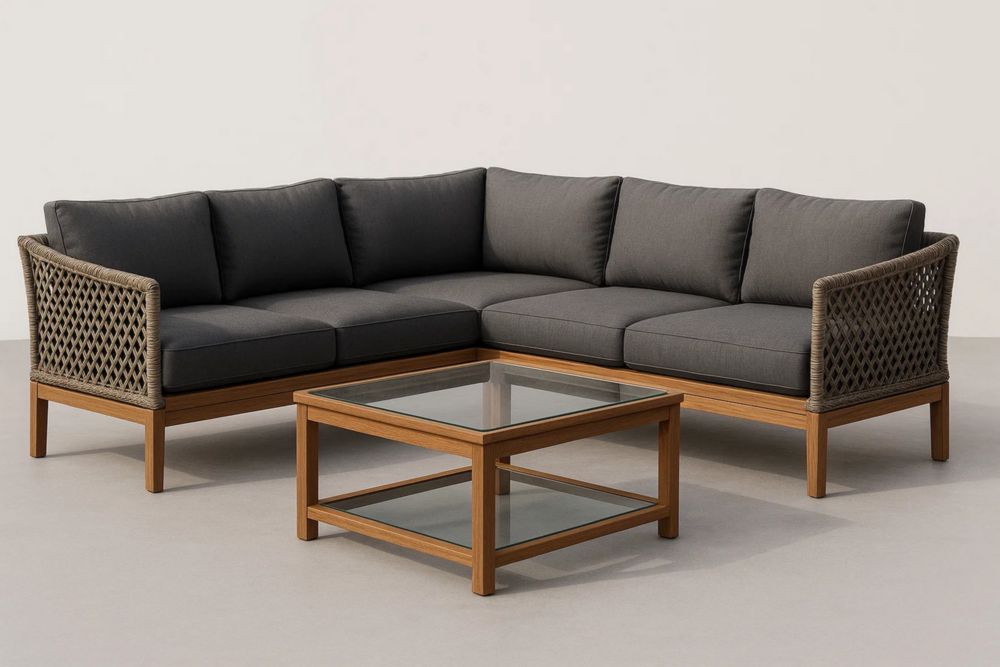 Ecksofa Set aus Teakholz mit Glas Couchtisch und Anthrazit Kissen-Runecasa