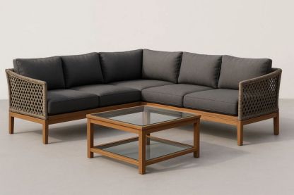 Ecksofa Set aus Teakholz mit Glas Couchtisch und Anthrazit Kissen-Runecasa
