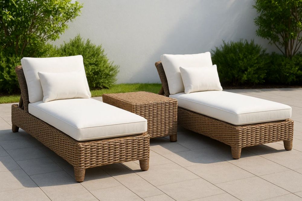Gartenmöbel Set Sonnenliege Rattan Beige/Weiß mit Kissen wetterfest-Runecasa
