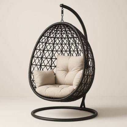 Hängesessel Rattan Stahlrahmen schwarz Beige Kissen Höhe 190cm-Runecasa