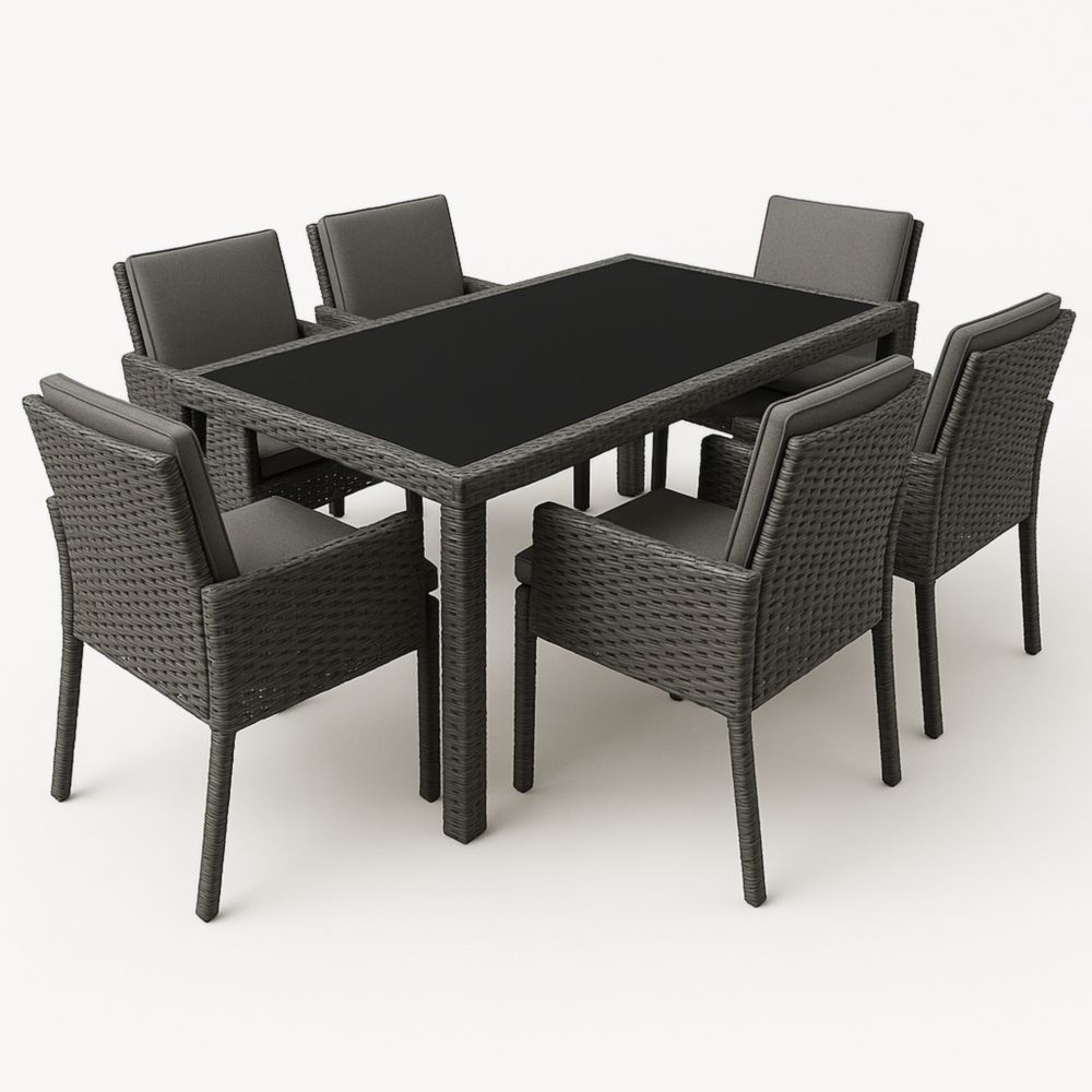 Essgruppe Rattan mit Glasplatte 6 Stühle Dunkelgrau-Runecasa
