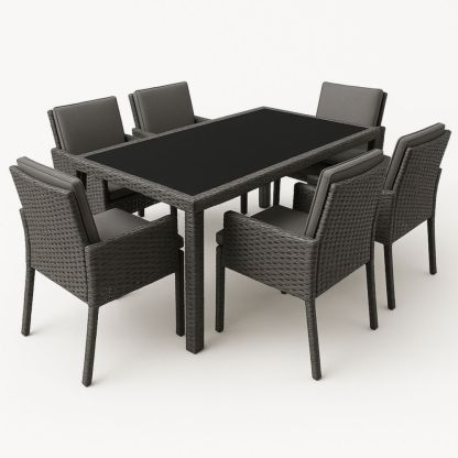 Essgruppe Rattan mit Glasplatte 6 Stühle Dunkelgrau-Runecasa