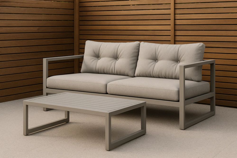 Gartenmöbel Set mit Sofa und Couchtisch aus Aluminium und Polyestergewebe, Beige, 2-Sitzer-Runecasa