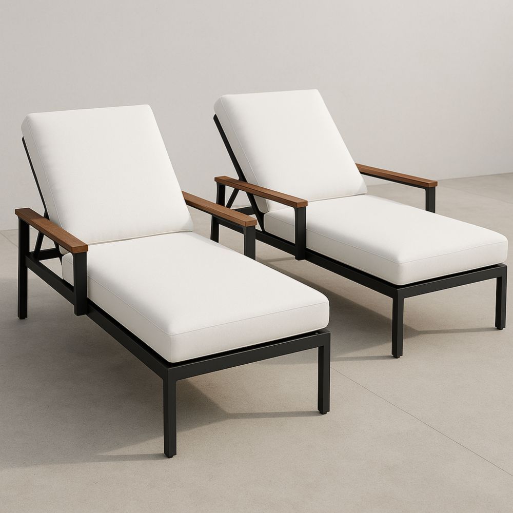 Outdoor Liegestuhl Set Aluminium Holz Weiß Verstellbar-Runecasa