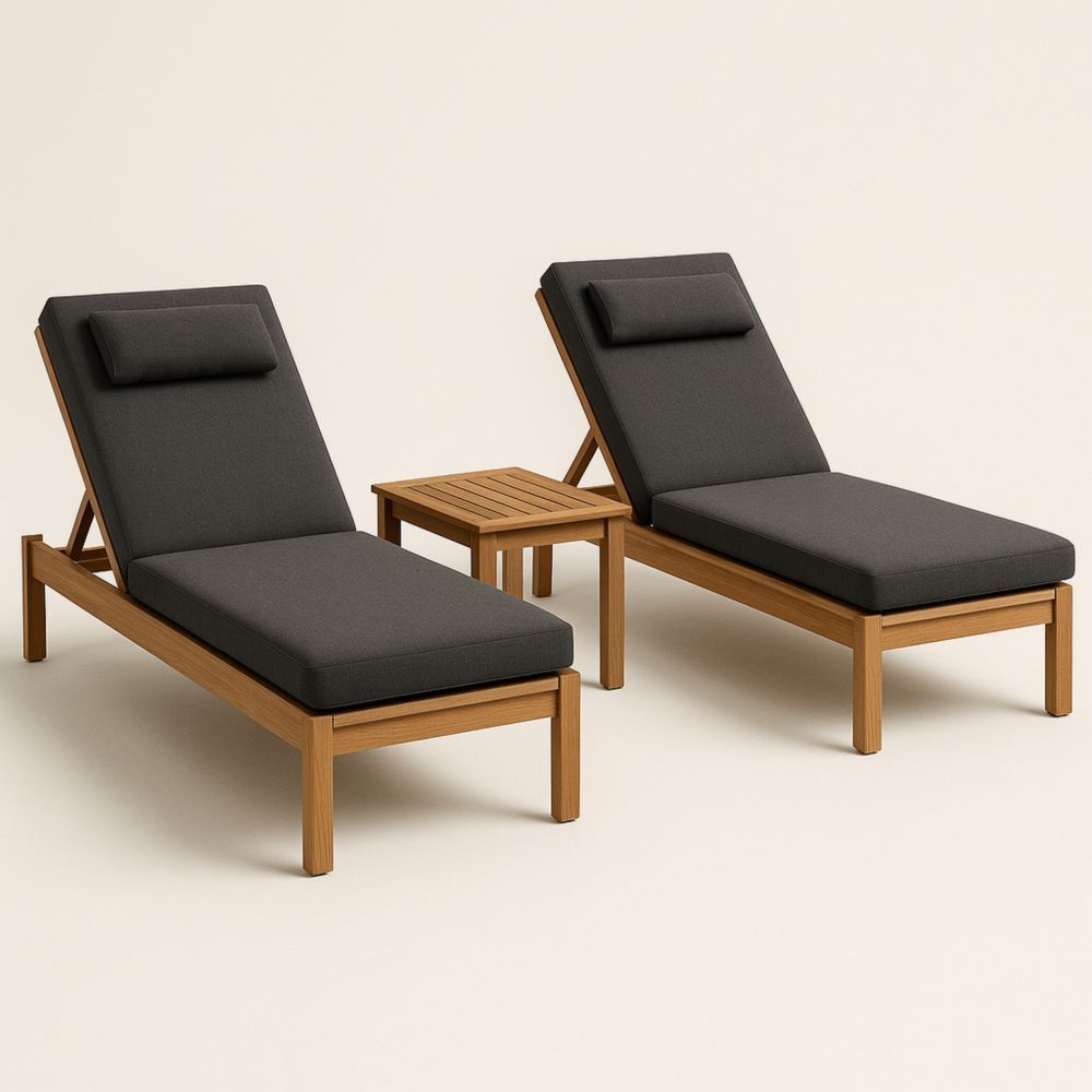 Garten-Liegestuhl Set Holz Teak Dunkelgrau Kissenverstellbar-Runecasa