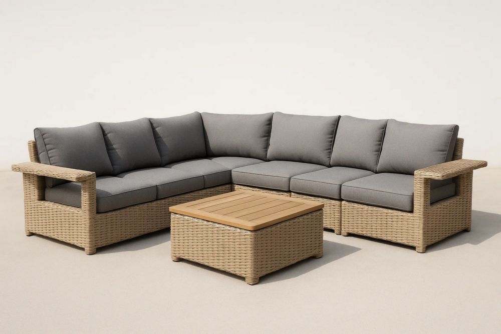 Ecksofa Set Rattan Grau Stoffkissen Hellbraun Tisch-Runecasa