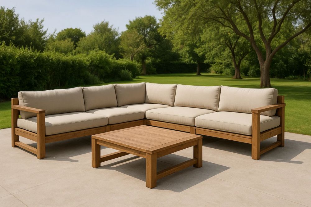 Outdoor Ecksofa Set Teakholz Polyester Beige 300x220x80cm-Runecasa
