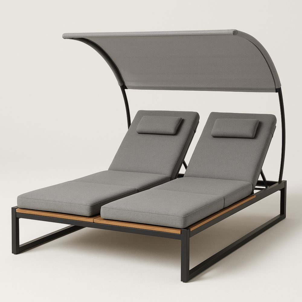 Doppel-Sonnenliege mit Verstellbarem Kopfteil und Sonnendach aus Stahl und Holz Grau-Runecasa