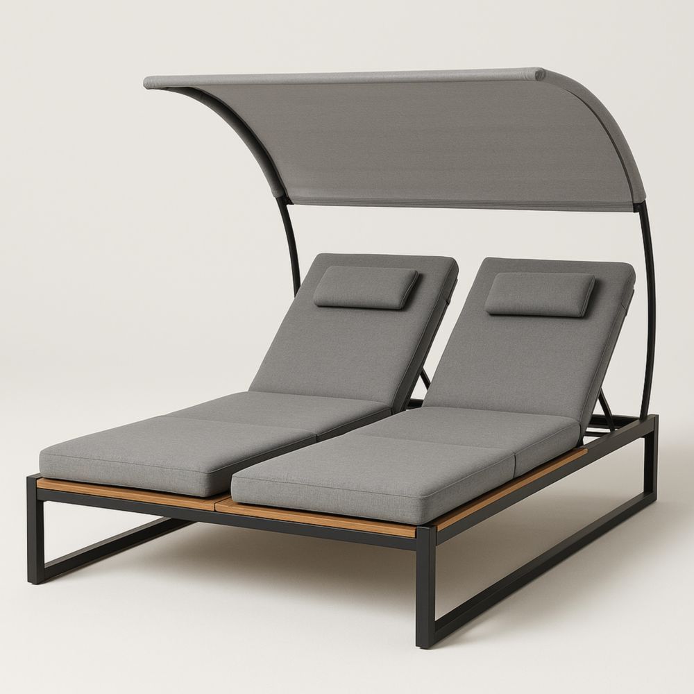 Doppel-Sonnenliege mit Verstellbarem Kopfteil und Sonnendach aus Stahl und Holz Grau-Runecasa