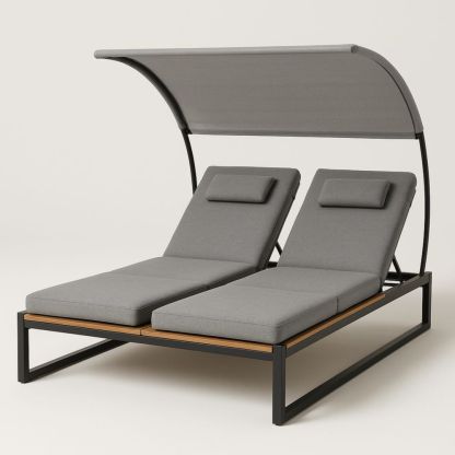 Doppel-Sonnenliege mit Verstellbarem Kopfteil und Sonnendach aus Stahl und Holz Grau-Runecasa