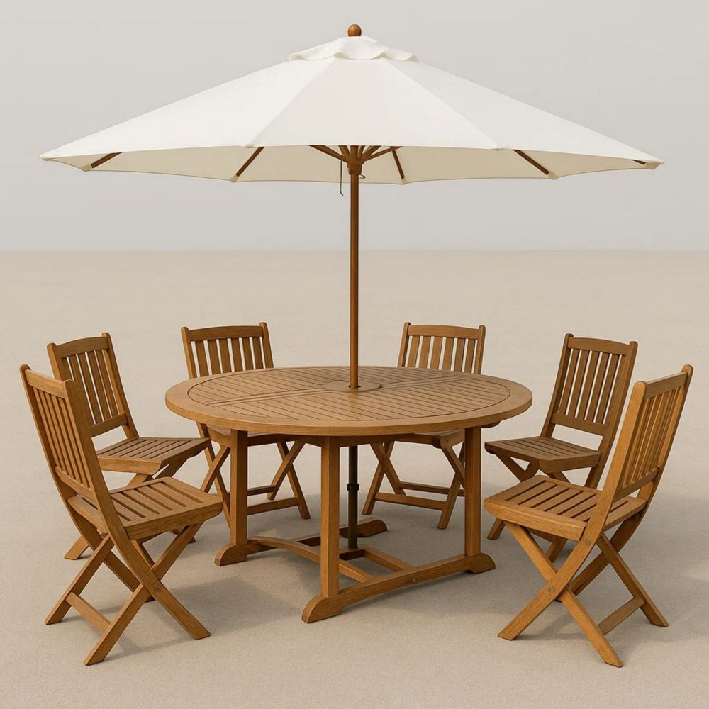 Gartenmöbelset aus Holz rund mit Sonnenschirm Natur Eiche/Creme-Runecasa