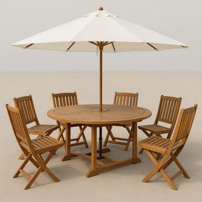 Gartenmöbelset aus Holz rund mit Sonnenschirm Natur Eiche/Creme-Runecasa