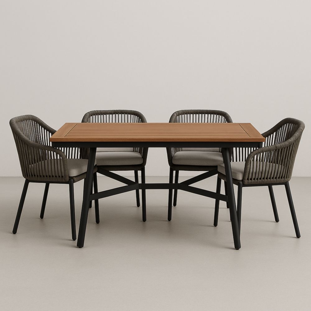 Gartentisch Set Rechteckig Aluminium Holz Tischplatte Textilene Seil Stühle 150x90x75 cm-Runecasa