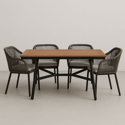 Gartentisch Set Rechteckig Aluminium Holz Tischplatte Textilene Seil Stühle 150x90x75 cm-Runecasa