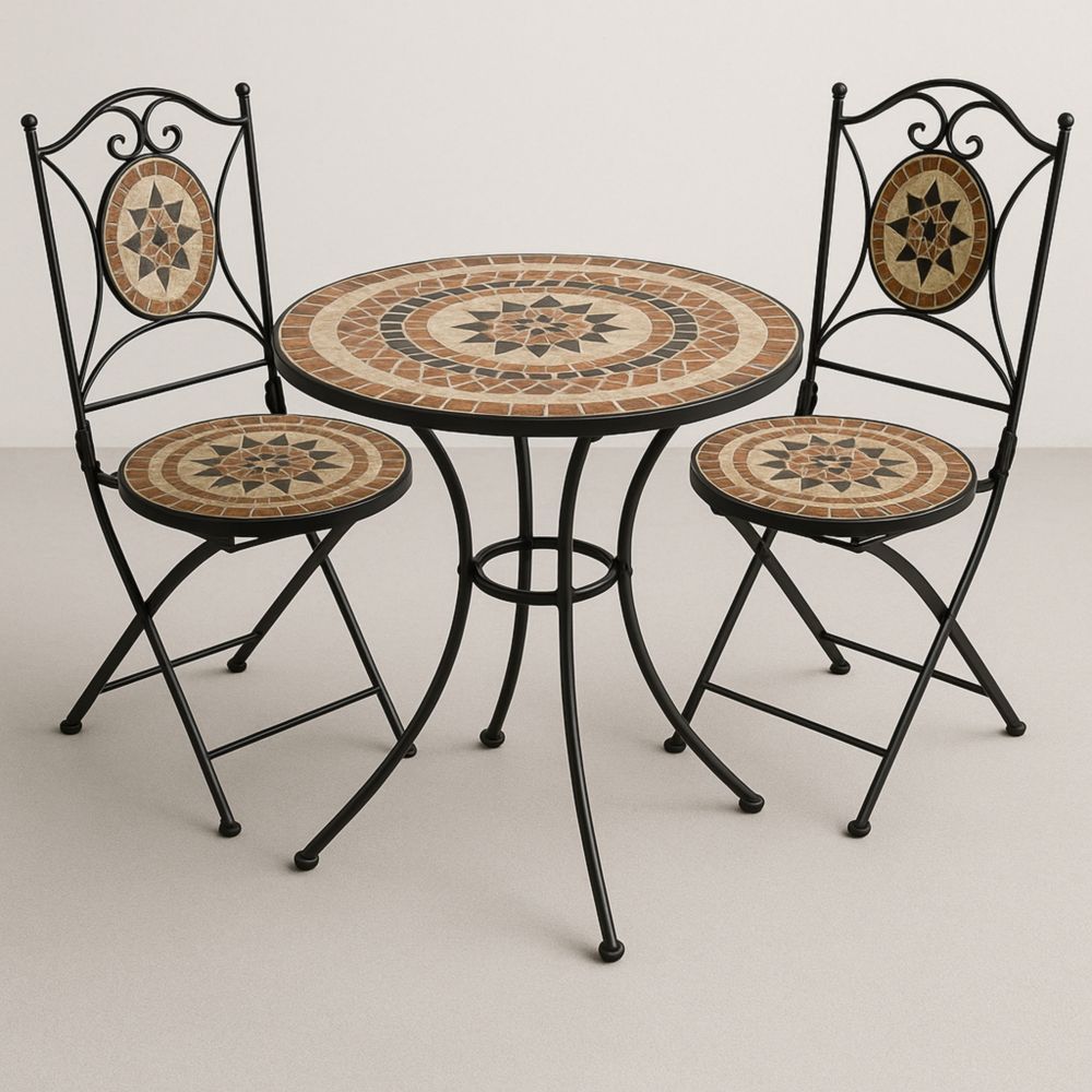 Mosaiktisch-Set aus Metall und Keramik für Garten Balkon Runde Form-Runecasa