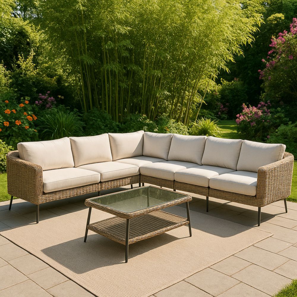 Gartensofa Set Rattan Ecksofa gehärtetes Glas Couchtisch Polster Beige-Runecasa