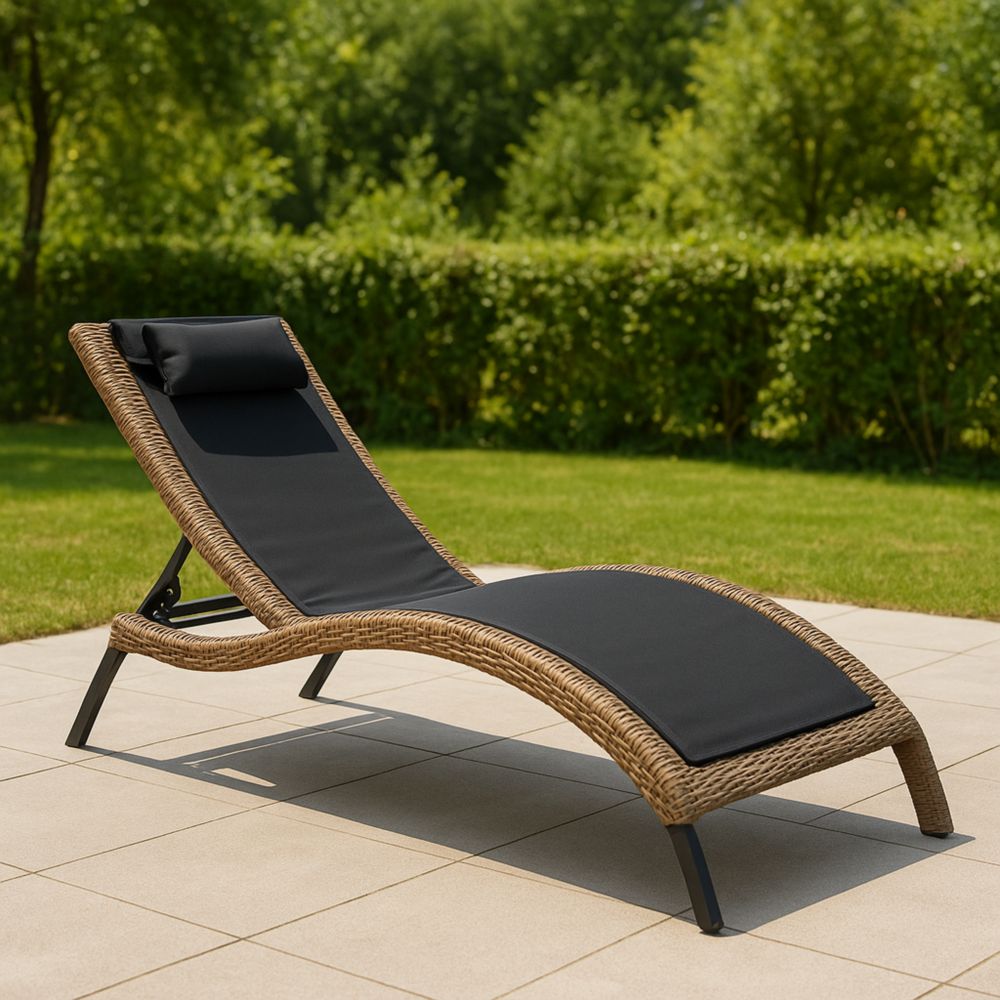 Gartenliege Rattan Sonnenliege Schwarz Verstellbar Aluminium Polyrattan Kissen 200x65x35 cm-Runecasa