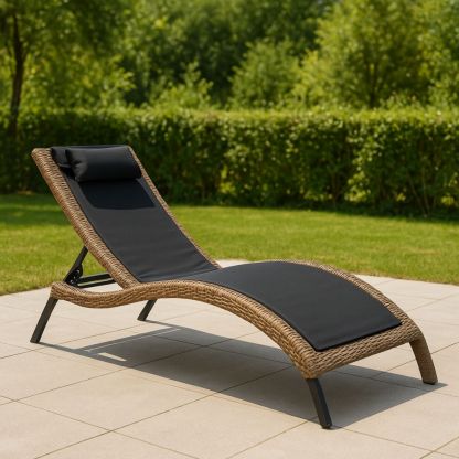 Gartenliege Rattan Sonnenliege Schwarz Verstellbar Aluminium Polyrattan Kissen 200x65x35 cm-Runecasa