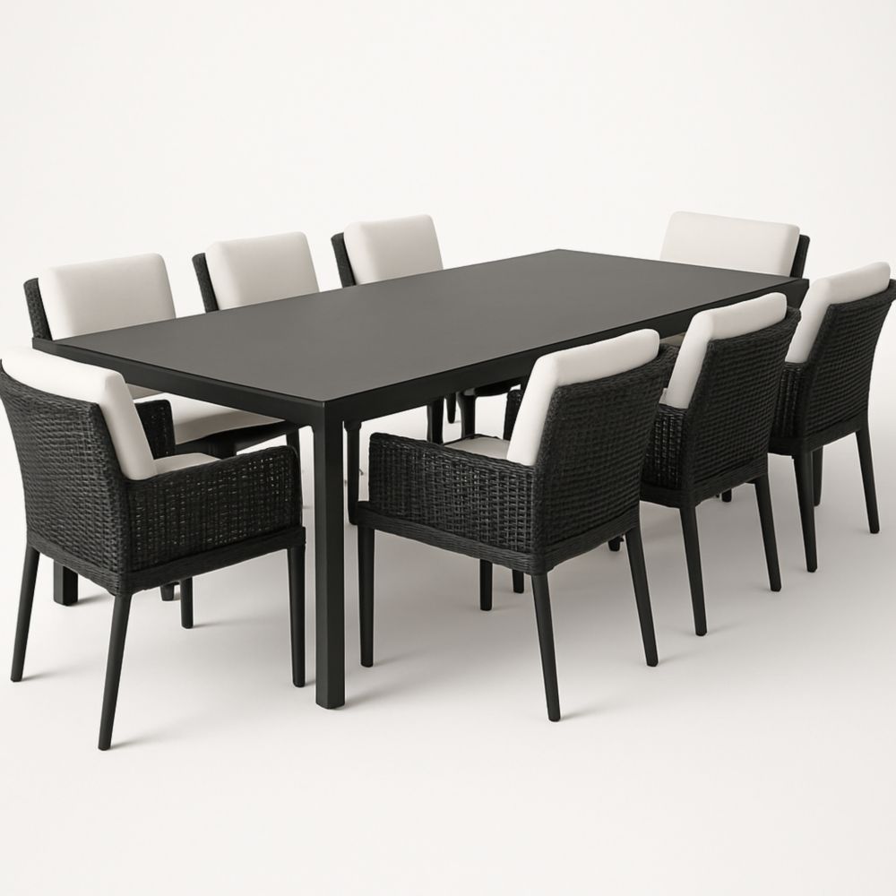 Gartentisch-Set 8 Sessel Aluminium Polyethylen Rattan Rechteckig Schwarz/Weiß-Runecasa