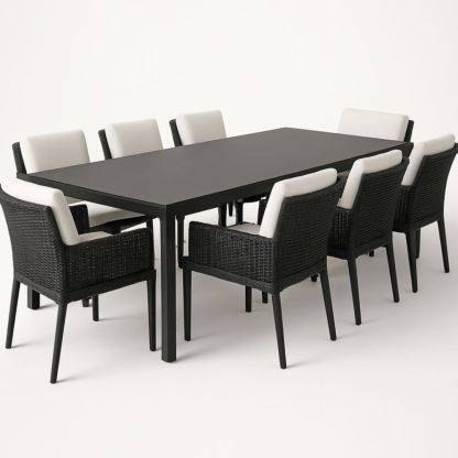 Gartentisch-Set 8 Sessel Aluminium Polyethylen Rattan Rechteckig Schwarz/Weiß-Runecasa
