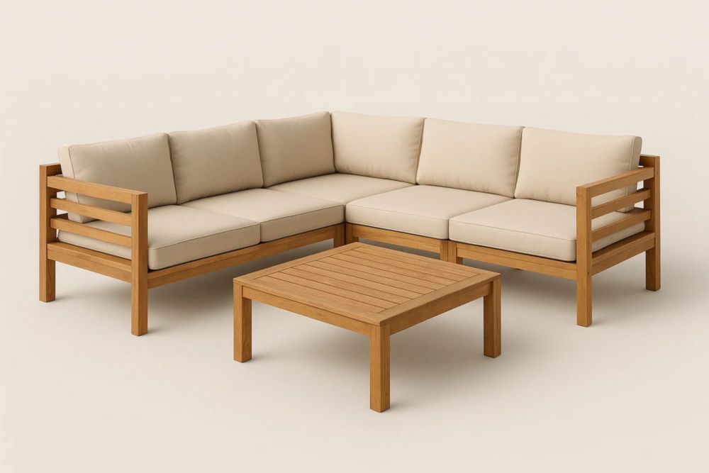 Ecksofa Set Eiche Holz Beige Polsterung L-förmig 200x200x70cm-Runecasa