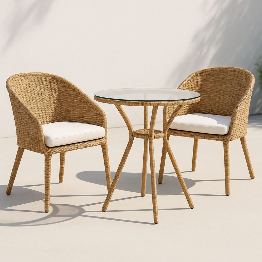Gartenmöbel Set Rattan Tisch mit Glasplatte und Kissen Beige-Runecasa