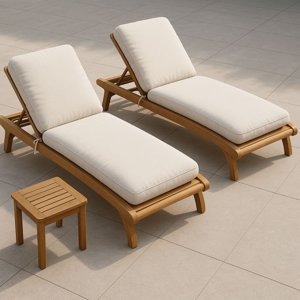 Sonnenliege Set mit Beistelltisch aus Teakholz und Polyester-Bezug Creme-Runecasa