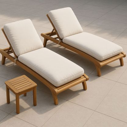 Sonnenliege Set mit Beistelltisch aus Teakholz und Polyester-Bezug Creme-Runecasa